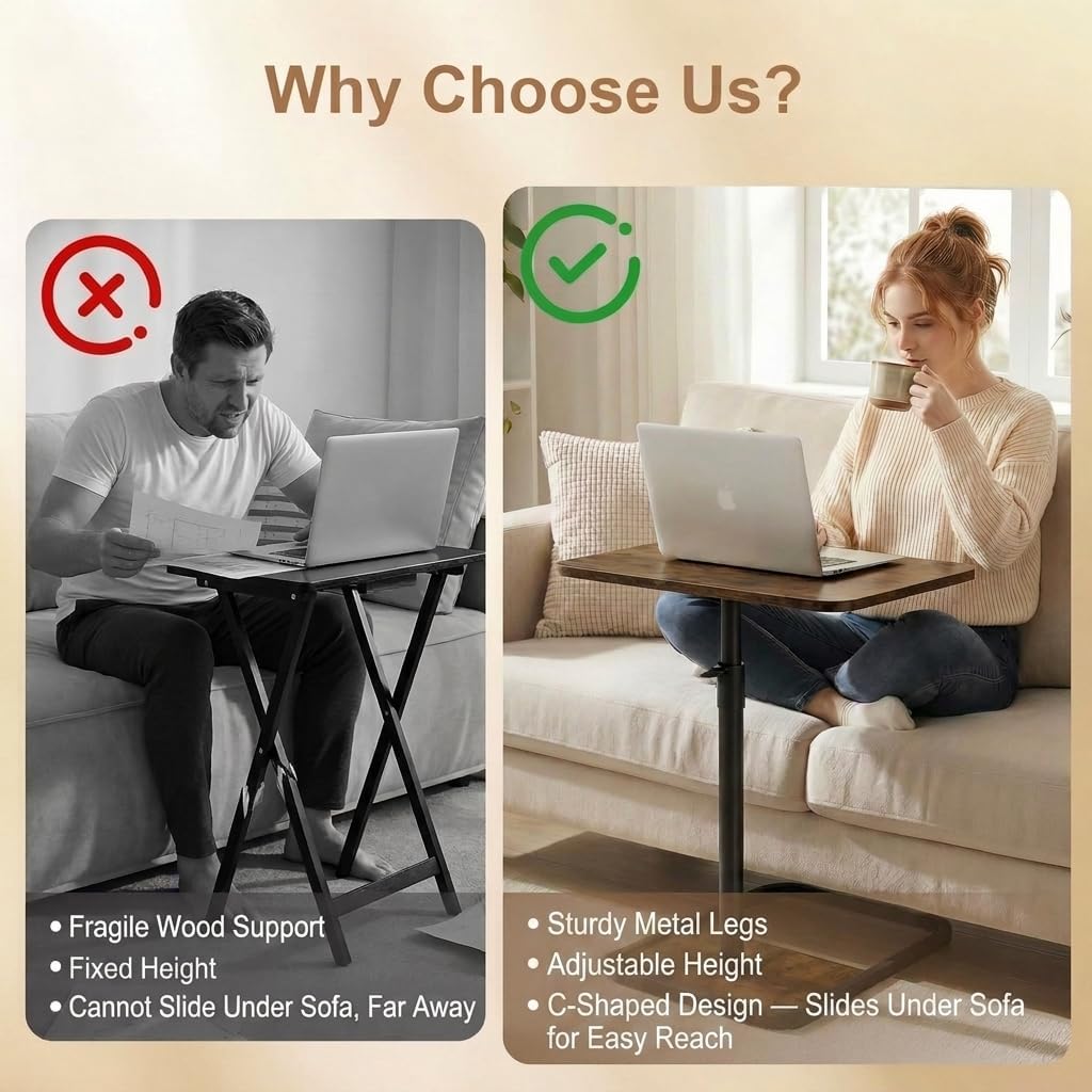 Large TV Tray Table Set of 2, C-Shaped Side Table with Adjustable Height & Rounded Corners, Snack Table for Couch, Bed or Recliner, for Laptop, Eating & Working, Brown