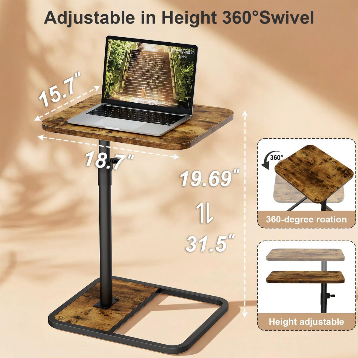 Large TV Tray Table Set of 2, C-Shaped Side Table with Adjustable Height & Rounded Corners, Snack Table for Couch, Bed or Recliner, for Laptop, Eating & Working, Brown