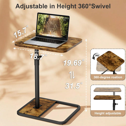 Large TV Tray Table Set of 2, C-Shaped Side Table with Adjustable Height & Rounded Corners, Snack Table for Couch, Bed or Recliner, for Laptop, Eating & Working, Brown