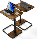 Large TV Tray Table Set of 2, C-Shaped Side Table with Adjustable Height & Rounded Corners, Snack Table for Couch, Bed or Recliner, for Laptop, Eating & Working, Brown