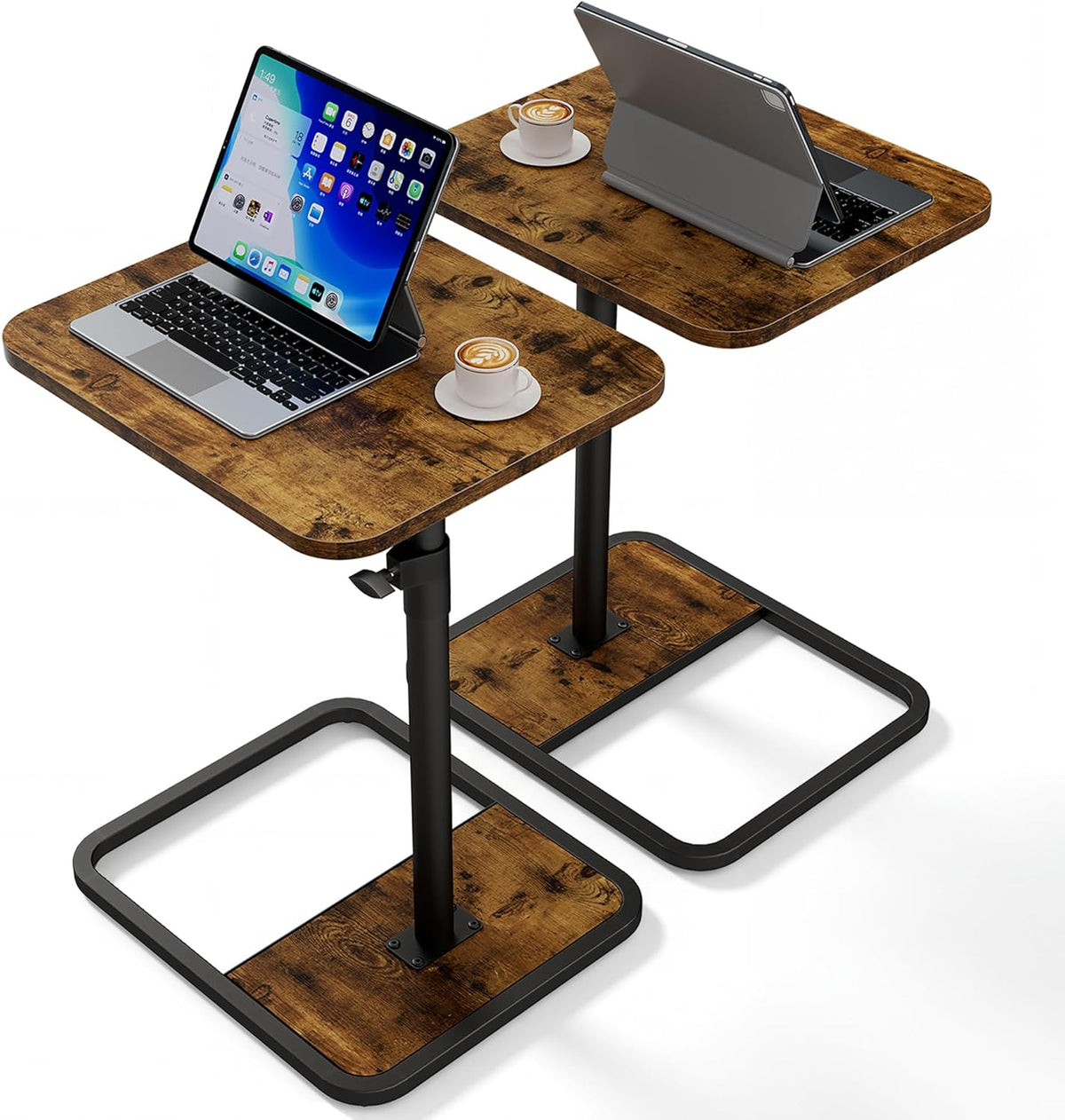 Large TV Tray Table Set of 2, C-Shaped Side Table with Adjustable Height & Rounded Corners, Snack Table for Couch, Bed or Recliner, for Laptop, Eating & Working, Brown