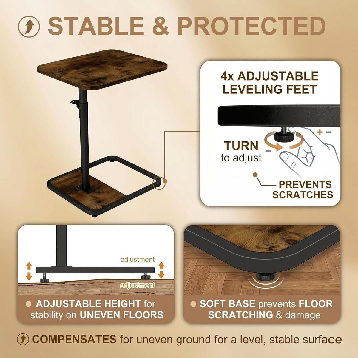 Large TV Tray Table Set of 2, C-Shaped Side Table with Adjustable Height & Rounded Corners, Snack Table for Couch, Bed or Recliner, for Laptop, Eating & Working, Brown