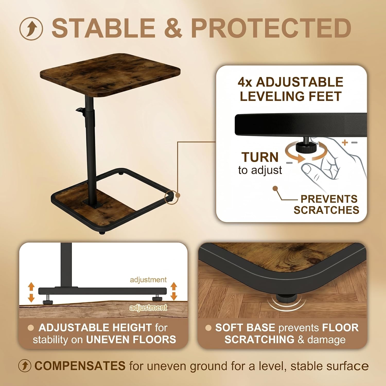 Large TV Tray Table Set of 2, C-Shaped Side Table with Adjustable Height & Rounded Corners, Snack Table for Couch, Bed or Recliner, for Laptop, Eating & Working, Brown