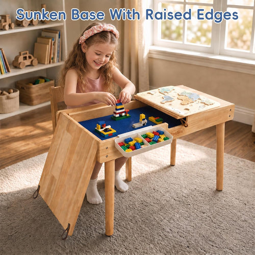 Building Bricks Play Table for Toddlers, 2-in-1 Wooden Activity Kids Desk – Flip-Open Design for Everyday Writing & Drawing, Converts to Building Block Table with Storage, Gift for Boys Girls,Oak