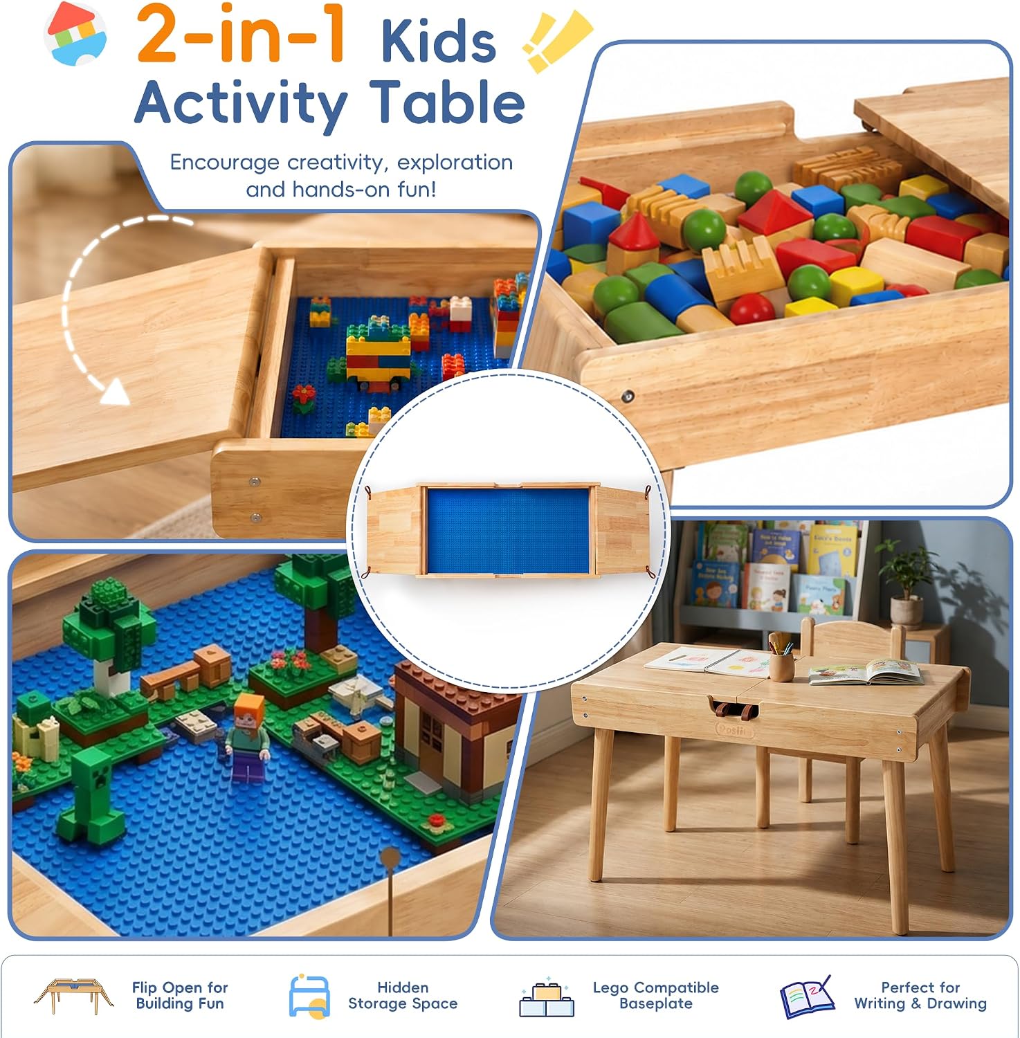 Building Bricks Play Table for Toddlers, 2-in-1 Wooden Activity Kids Desk – Flip-Open Design for Everyday Writing & Drawing, Converts to Building Block Table with Storage, Gift for Boys Girls,Oak
