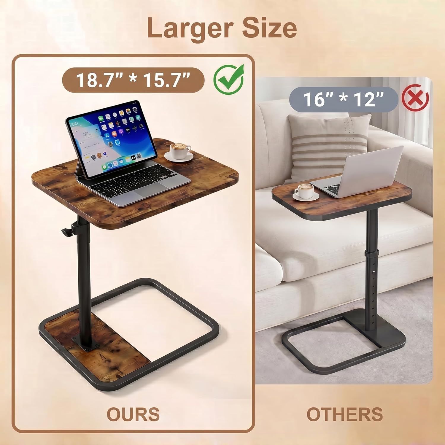 Large TV Tray Table Set of 2, C-Shaped Side Table with Adjustable Height & Rounded Corners, Snack Table for Couch, Bed or Recliner, for Laptop, Eating & Working, Brown
