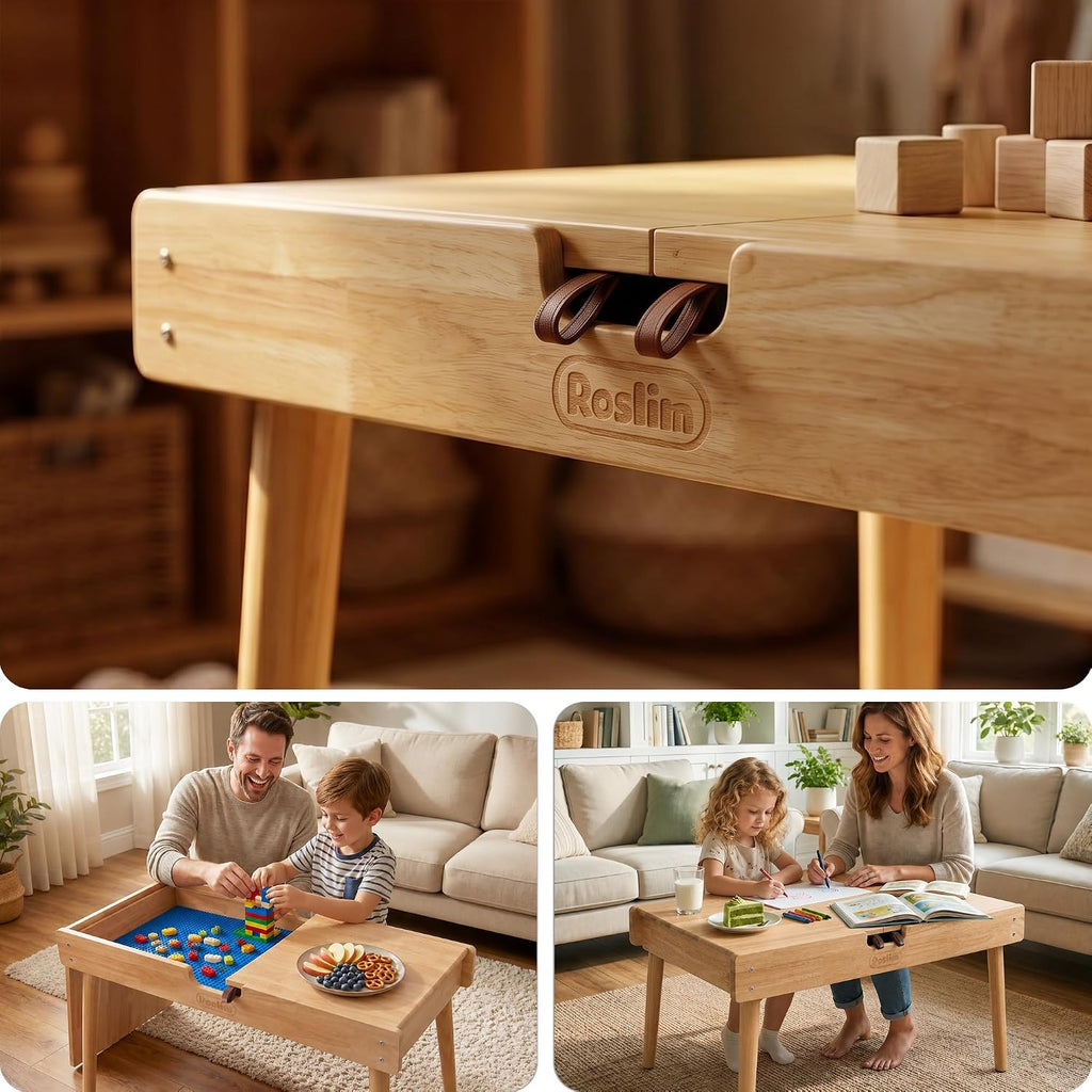 Building Bricks Play Table for Toddlers, 2-in-1 Wooden Activity Kids Desk – Flip-Open Design for Everyday Writing & Drawing, Converts to Building Block Table with Storage, Gift for Boys Girls,Oak