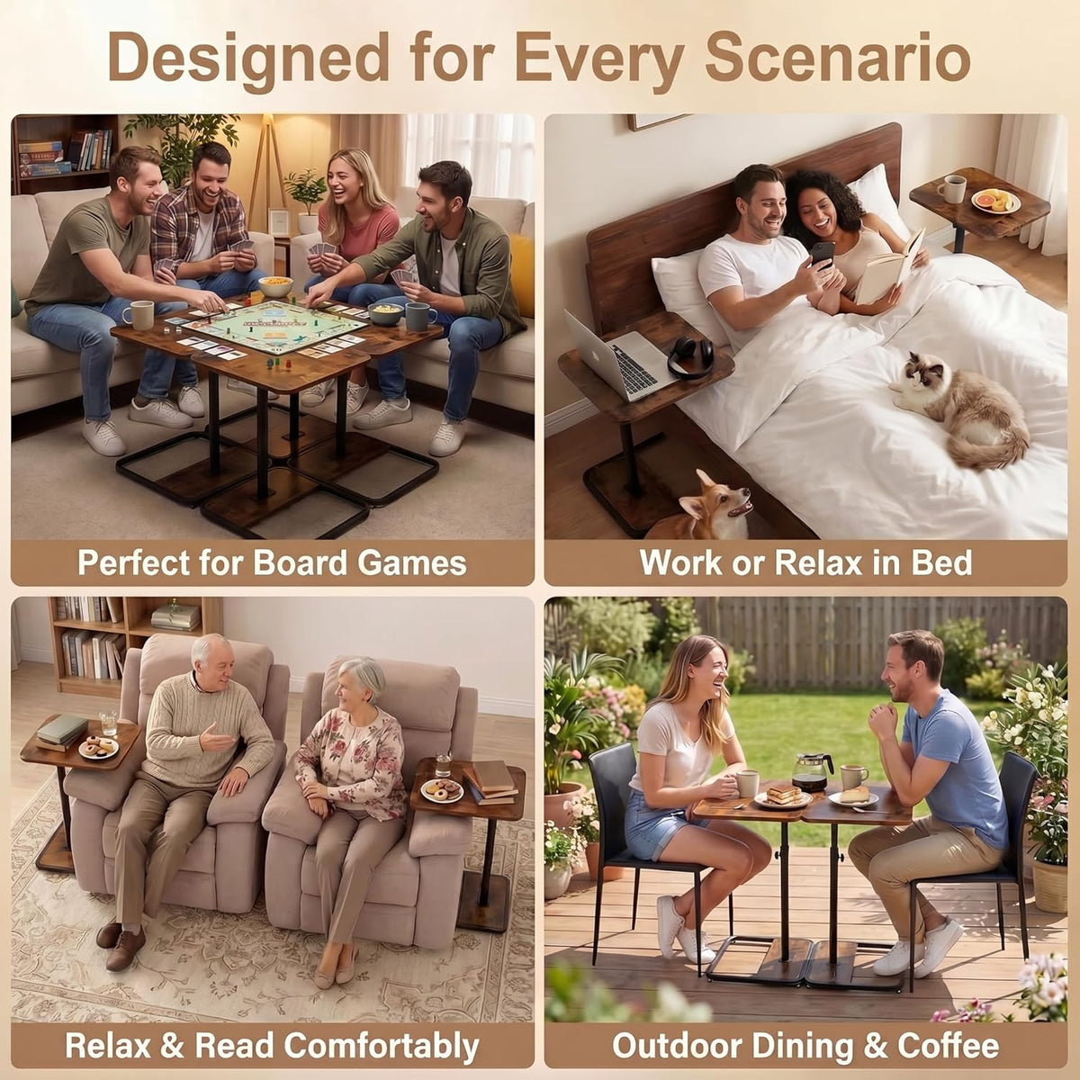 Large TV Tray Table Set of 2, C-Shaped Side Table with Adjustable Height & Rounded Corners, Snack Table for Couch, Bed or Recliner, for Laptop, Eating & Working, Brown