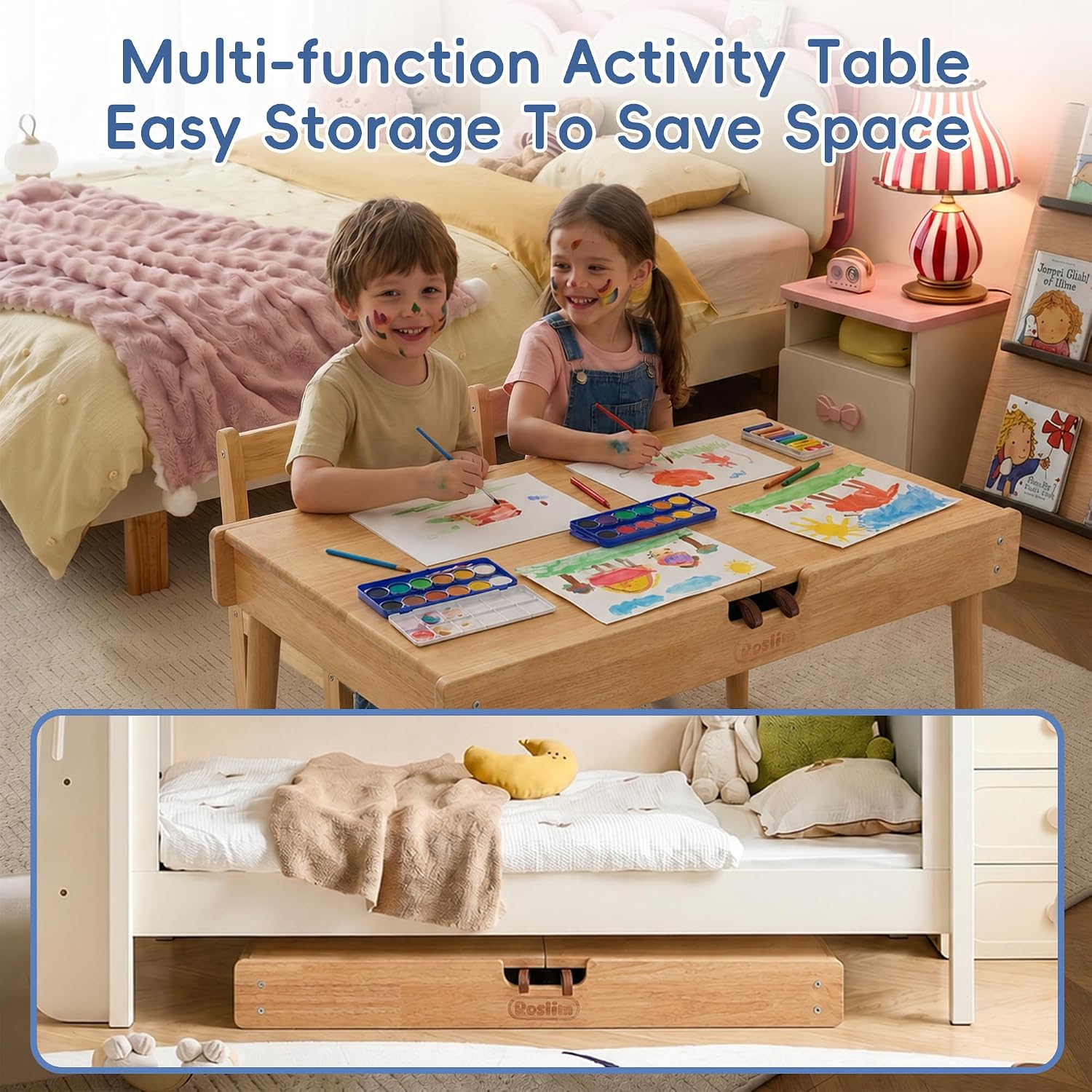 Building Bricks Play Table for Toddlers, 2-in-1 Wooden Activity Kids Desk – Flip-Open Design for Everyday Writing & Drawing, Converts to Building Block Table with Storage, Gift for Boys Girls,Oak