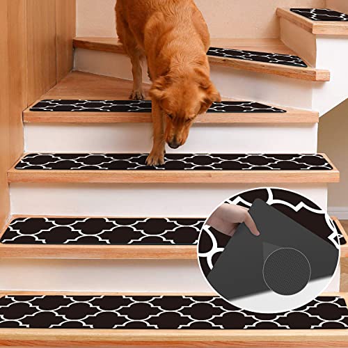 Rubber Carpet Stair Treads for Wooden Steps Non Slip, Reusable Stair Carpet Treads Stair Grips for Pet Dogs - Machine Washable Stair Pads Covers Inside, Set of 15, 8"X30"