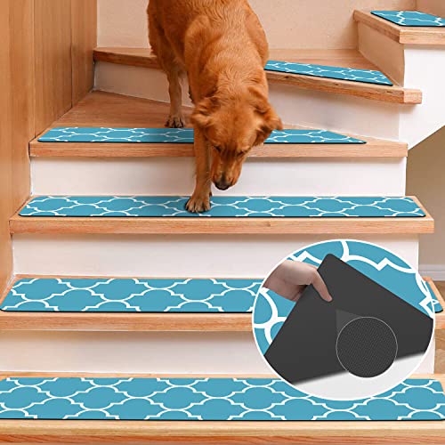 Rubber Carpet Stair Treads for Wooden Steps Non Slip, Reusable Stair Carpet Treads Stair Grips for Pet Dogs - Machine Washable Stair Pads Covers Inside, Set of 15, 8"X30"