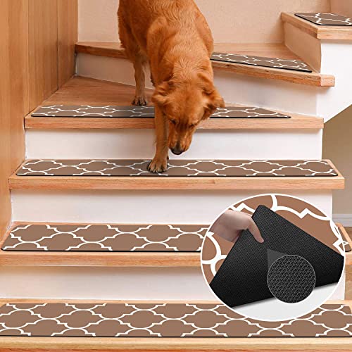 Rubber Carpet Stair Treads for Wooden Steps Non Slip, Reusable Stair Carpet Treads Stair Grips for Pet Dogs - Machine Washable Stair Pads Covers Inside, Set of 15, 8"X30"