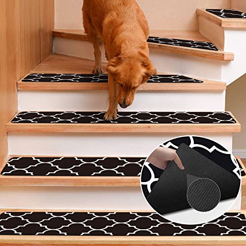 Rubber Carpet Stair Treads for Wooden Steps Non Slip, Reusable Stair Carpet Treads Stair Grips for Pet Dogs - Machine Washable Stair Pads Covers Inside, Set of 15, 8"X30"