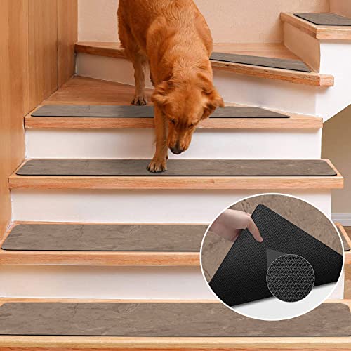 Rubber Carpet Stair Treads for Wooden Steps Non Slip, Reusable Stair Carpet Treads Stair Grips for Pet Dogs - Machine Washable Stair Pads Covers Inside, Set of 15, 8"X30"