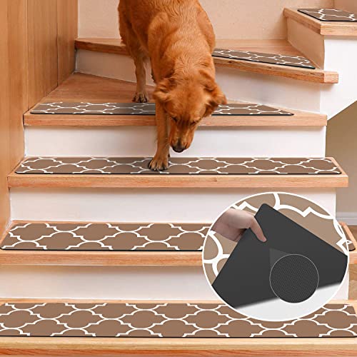 Rubber Carpet Stair Treads for Wooden Steps Non Slip, Reusable Stair Carpet Treads Stair Grips for Pet Dogs - Machine Washable Stair Pads Covers Inside, Set of 15, 8"X30"