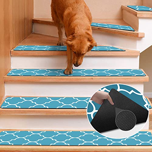Rubber Carpet Stair Treads for Wooden Steps Non Slip, Reusable Stair Carpet Treads Stair Grips for Pet Dogs - Machine Washable Stair Pads Covers Inside, Set of 15, 8"X30"