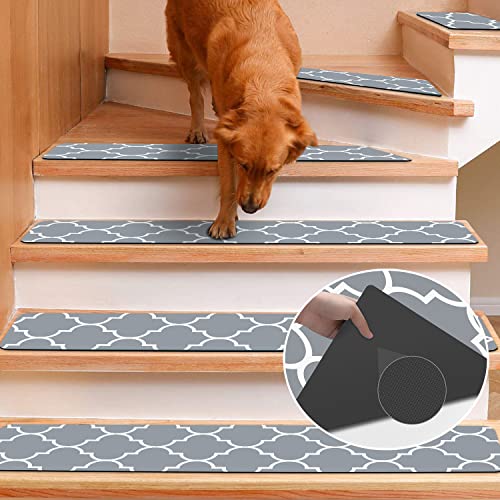 Rubber Carpet Stair Treads for Wooden Steps Non Slip, Reusable Stair Carpet Treads Stair Grips for Pet Dogs - Machine Washable Stair Pads Covers Inside, Set of 15, 8"X30"